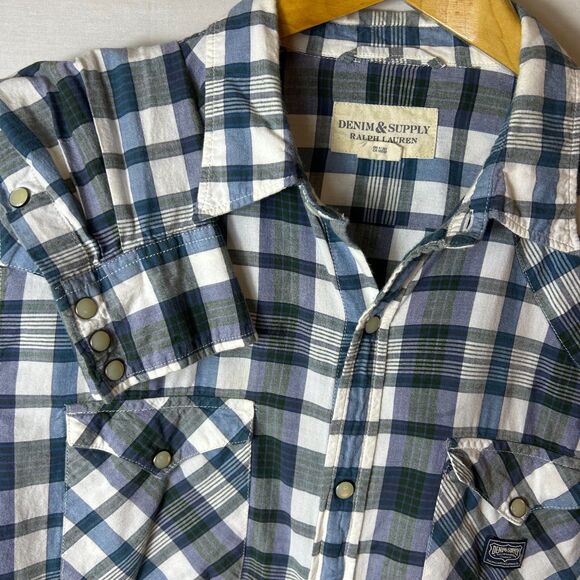Ralph Lauren Denim & Supply Men's Blue Plaid Pearl Snap Western Style Shirt XL - Picture 4 of 14